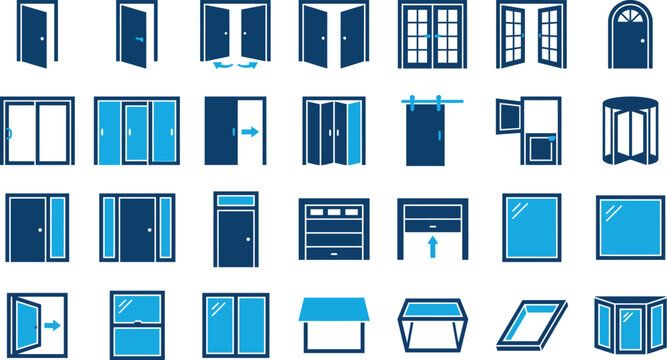 Modern door and window icons set, architectural entrance and glass window symbols, 28 blue vector elements for construction and real estate design