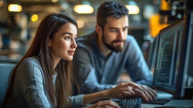 Programmers collaborating on code in modern office (2)
