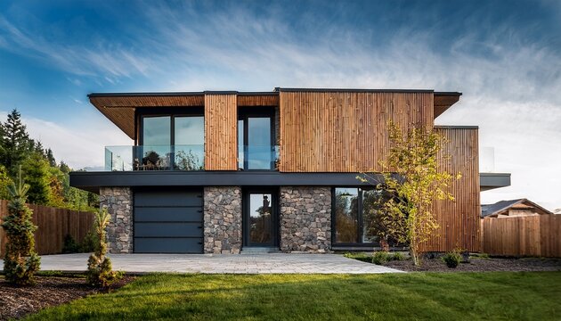 modern suburban house with wood and stone facade