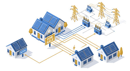 Naklejka premium Smart grid concept with houses equipped with solar panels and power lines