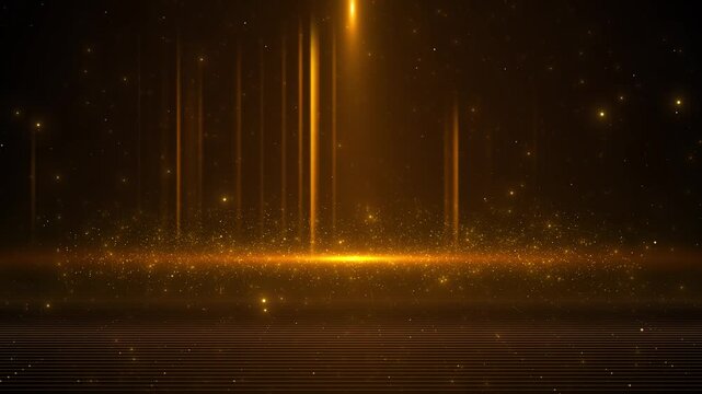 Golden stage spotlight background glowing particle floor, horizon, beams, cinematic grid depth. award shows, gala intros, concert titles, luxury promos, ceremony videos, dramatic motion overlays.