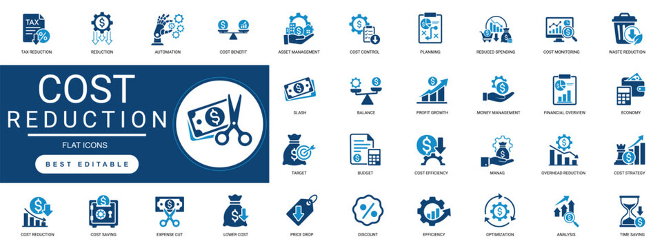 cost reduction Solid Glyph Icon Set. financial savings, budget, plan, balance, target, operating, expense, management, profit, optimization, economy, efficiency, success. editable vector.