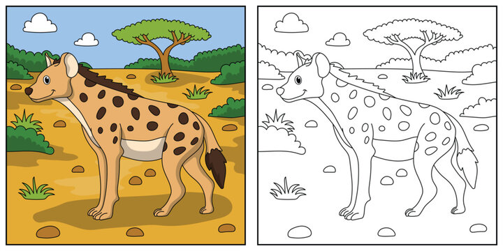 Black and white cartoon hyena character (vector illustration), coloring book for children.