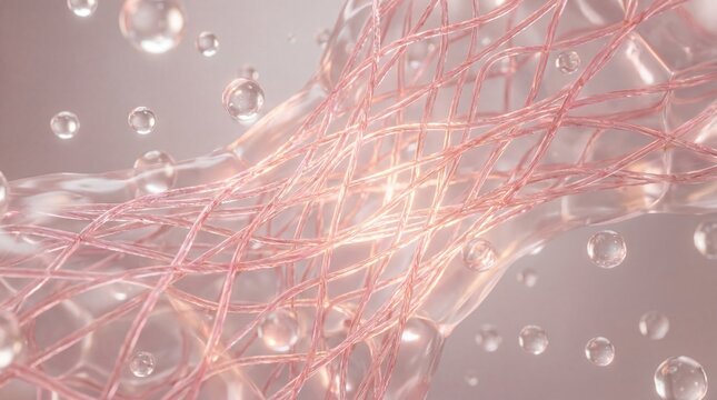 Glowing pink and rose-gold elastin and collagen fiber network restoring skin elasticity with hydrating bubbles in 3D illustration