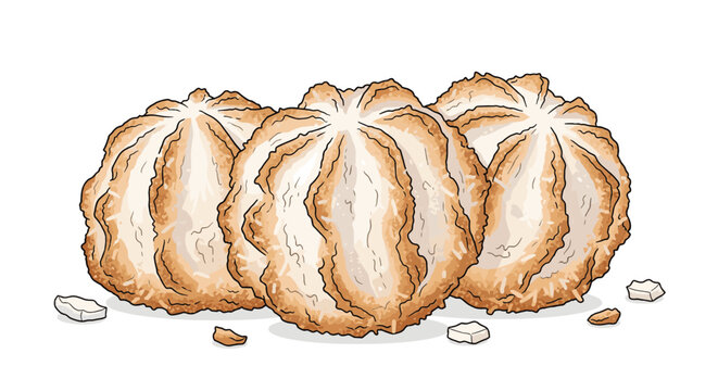 Trio of sweet coconut macaroon cookies with golden toasted edges and shredded texture scattered with small pieces of dried coconut.
