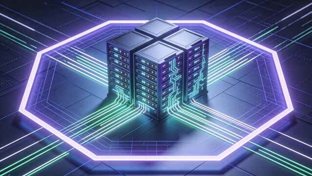 Futuristic secure data center cluster with high speed network connections and glowing digital framework, idea for cloud computing, AI infrastructure and cybersecurity technology