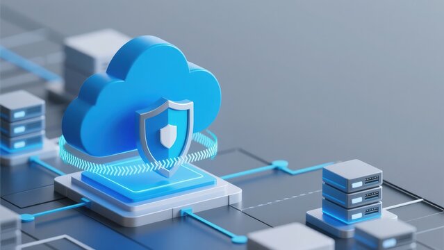 Modern secure cloud computing system with data protection shield and connected server network, idea for cybersecurity, cloud storage and enterprise IT infrastructure