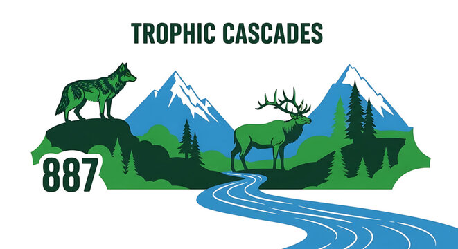 Trophic cascades illustration with wolf and elk in mountain landscape