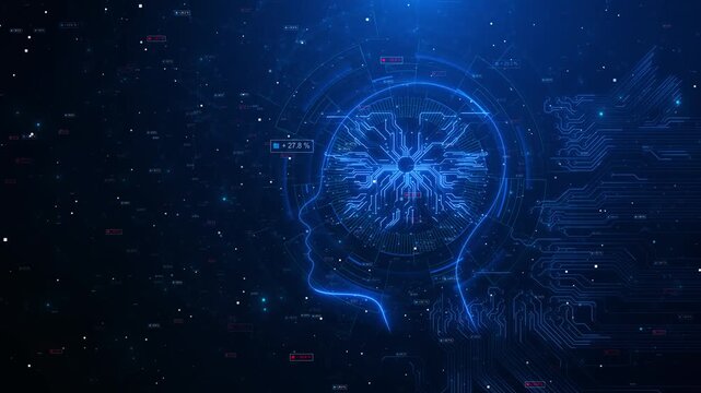 AI human brain technology background digital head circuit intelligence data labels, glowing network Perfect artificial intelligence videos, machine learning visuals, cyber science, innovation promos.