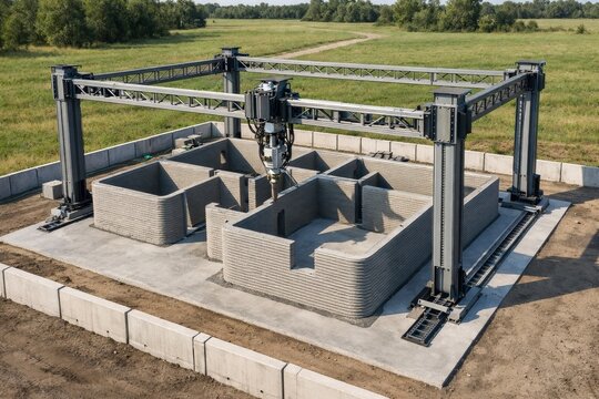 3D printing robot building concrete house structure outdoors concept view. Ai generative