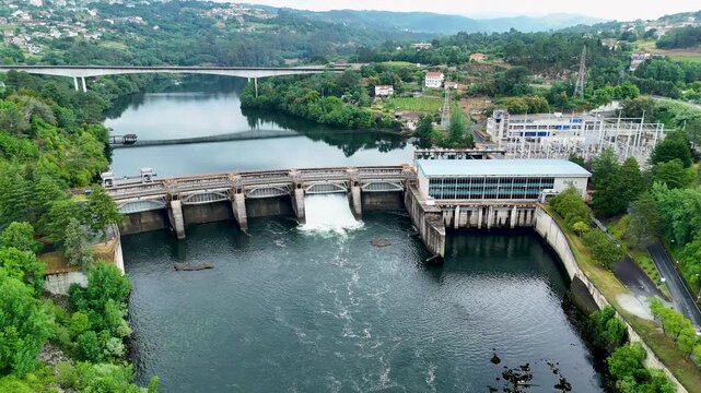 Aerial view of hydroelectric power plant dam generating renewable energy