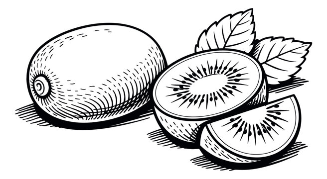 Hand drawn line art kiwi fruit set featuring a whole, half, and sliced kiwi with leaves for healthy food and tropical concepts