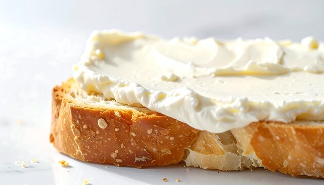 Close-up of toast with cream cheese and fresh mint on wooden surface, creating a natural and healthy breakfast concept. Ideal for food, cooking, and lifestyle advertising