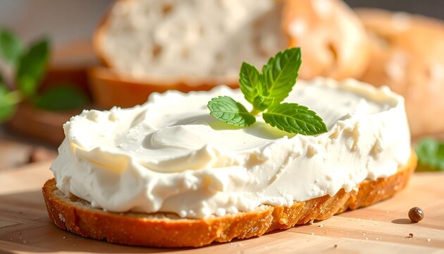 Close-up of toast with cream cheese and fresh mint on wooden surface, creating a natural and healthy breakfast concept. Ideal for food, cooking, and lifestyle advertising