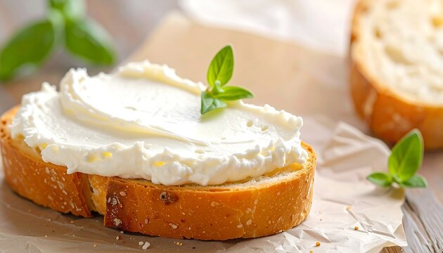 Close-up of toast with cream cheese and fresh mint on wooden surface, creating a natural and healthy breakfast concept. Ideal for food, cooking, and lifestyle advertising