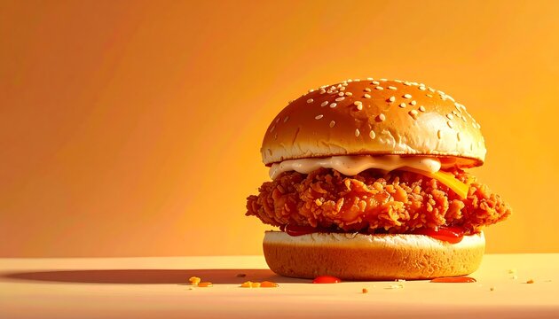 Crispy fried chicken burger with fresh lettuce and sesame bun on a bright orange background with copy space. Ideal for fast food advertising, menu design, and branding concepts.