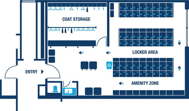 Architectural floor plan vector of a locker room and coat storage area, modern facility layout with amenity zone and entry, blue technical schematic
