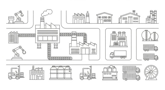 Industrial factory complex schematic drawing with various buildings and machinery.