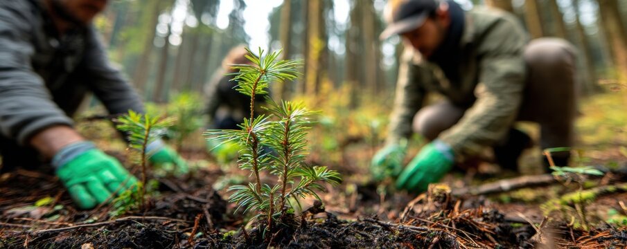 People planting young trees in a forest environment.