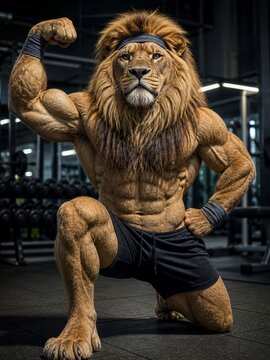 Powerful Muscular Lion in Fitness Pose Wearing Headband in Gym