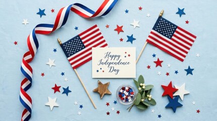 Obraz premium Independence Day Flat Lay with US Flags and Festive Decor