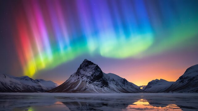 Vibrant aurora borealis over snowy mountain range by calm lake