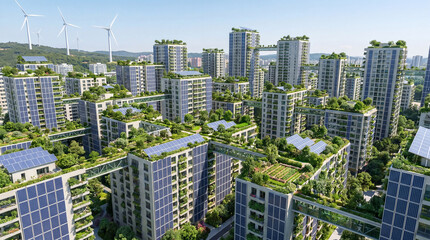 Obraz premium A futuristic ecofriendly cityscape with solar panels and green roofs on buildings, wind turbines in the background, representing sustainable urban planning and renewable energy solutions