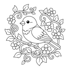 Obraz premium Bird perched on a swirling vine with small blossoms creating a charming and simple floral coloring page
