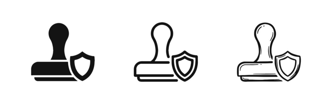 Rubber stamp with shield icon set for security approval, protection, quality and certified safety