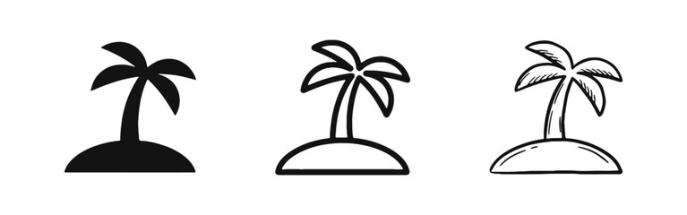 Tropical Island Palm Tree Icon Set - Vacation, Travel, and Summer Beach Symbols © drawing lines