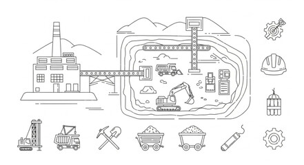 Fototapeta premium Industrial mining complex with heavy machinery and equipment illustrations.
