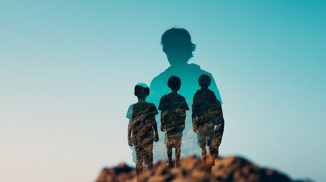 A creative double exposure image showing three children walking on a rocky landscape, superimposed with a silhouette of a larger person against a clear sky.