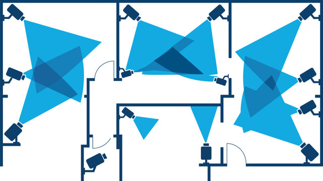 Security camera floor plan with CCTV surveillance coverage, building interior layout with monitoring zones, office safety system vector illustration