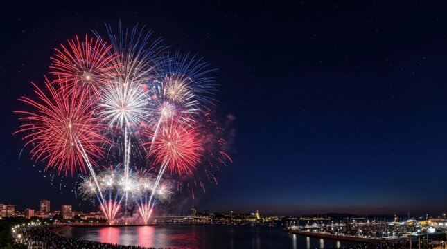 Bright Red and White Fireworks Bursting Over a Dark Sky