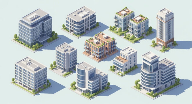 Collection of modern isometric apartment buildings and skyscrapers.
