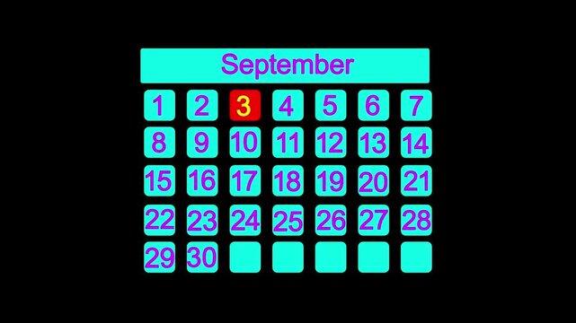 3rd september calendar icon animation. Alpha matte with transparent background