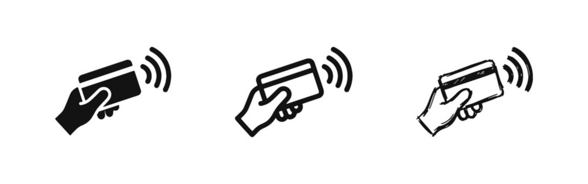 Contactless Payment Icon Set with Hand Holding Credit Card for Wireless Transaction