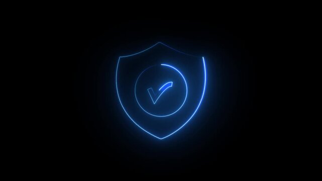 neon security shield with check mark animation icon on a black background.