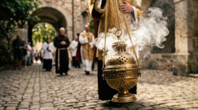 Religious Procession with Smoking Incense Burner on Cobblestone Street