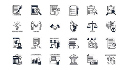 Fototapeta premium Set of legal and law icons, including contract, litigation, billing, and intellectual property management symbols