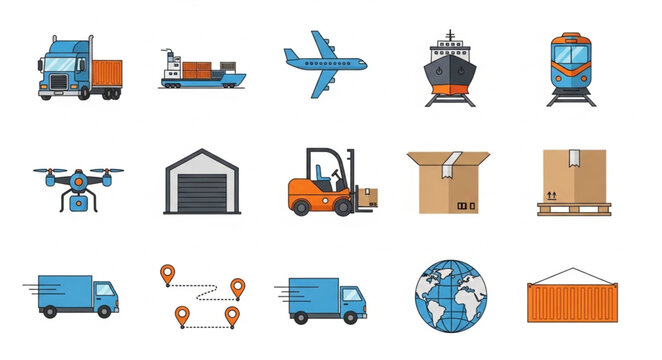 Collection of logistics and transportation icons and symbols.