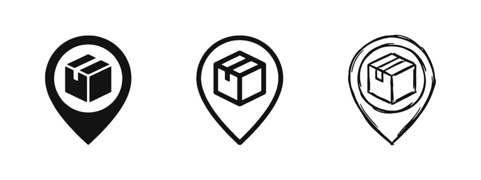 Package Tracking and Delivery Location Icon Set with Map Pin and Box