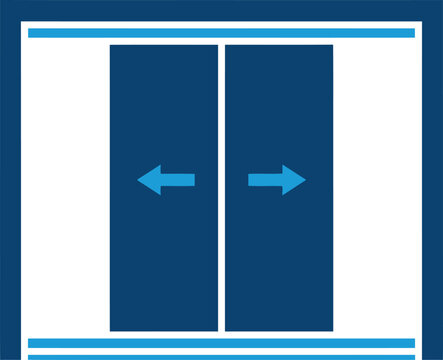 Automatic sliding door icon, blue elevator entrance vector illustration, double sliding doors with directional arrows for building signage