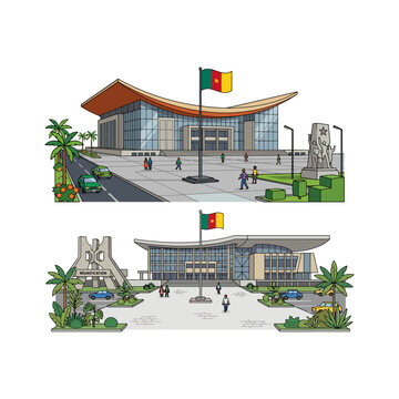 National Assembly of Cameroon parliament building in Yaounde vector illustration set with national flag and tropical trees in clean flat design for African government and travel education projects.
