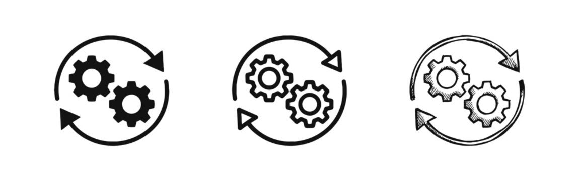 Process Optimization and Management Icon Set with Gears and Circular Arrows