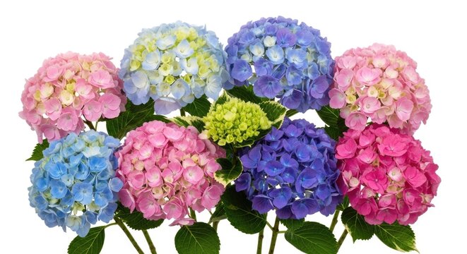 A vibrant display of hydrangeas in various colors, including blue, pink, and purple, with green leaves in the background.