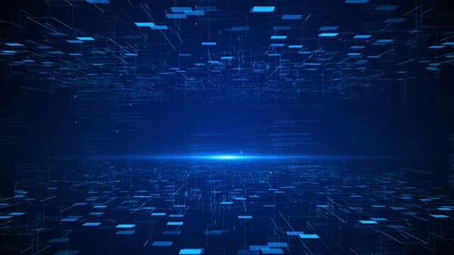 Blue digital tunnel floating panels, code textures, glowing deep tech perspective. AI software intros, cyber security promos, data dashboards, network visuals, futuristic screens, modern overlays.