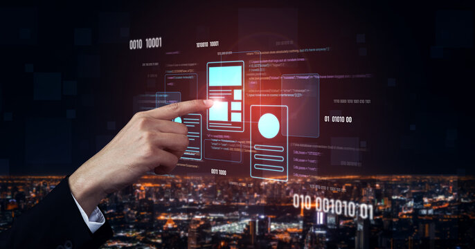 UI UX mockup showing application layout, structure, and code interface. UI design defines user flow, UI design improves clarity, UI design enhances experience, and UX design supports logic. Vouch