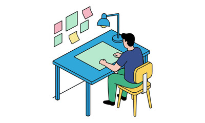 Fototapeta premium Man Working at Desk with Sticky Notes Isometric Illustration