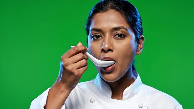 Professional female food scientist in white chef coat tasting a sample with a ceramic spoon against a green screen